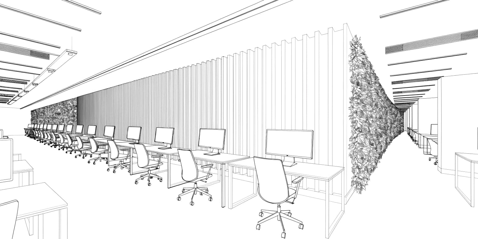 Zelená stěna a akustické panely v open-space kanceláři